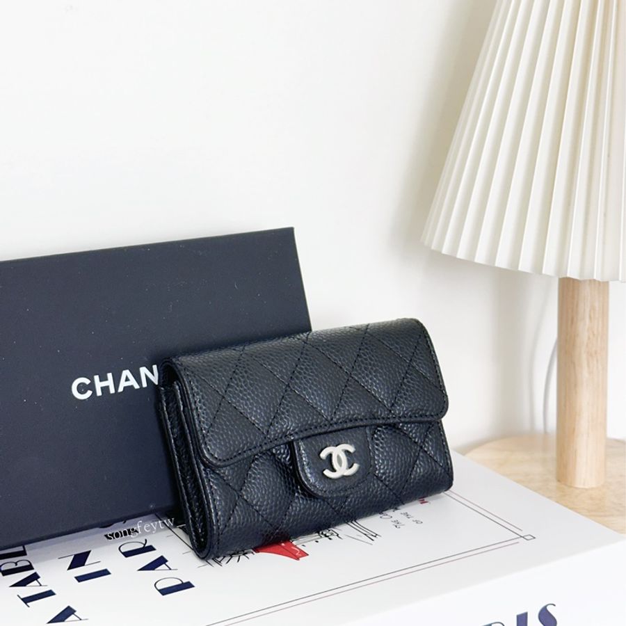 Chanel 黑銀 荔紋小牛皮 信封卡包-1