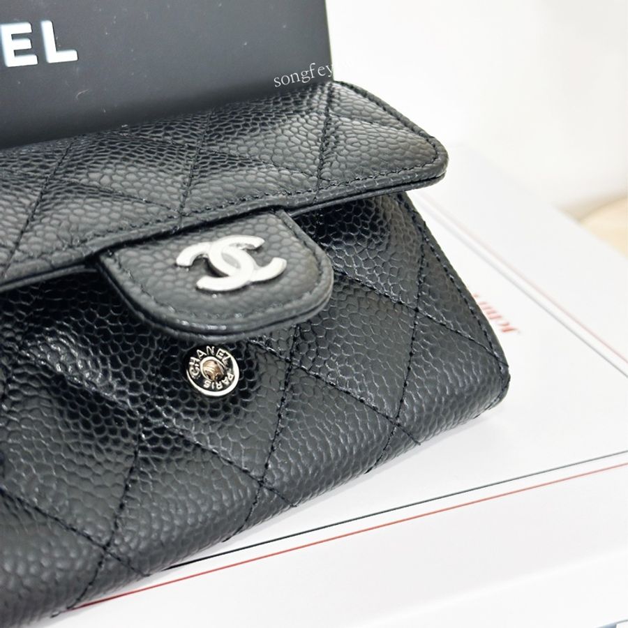 Chanel 黑銀 荔紋小牛皮 信封卡包-5