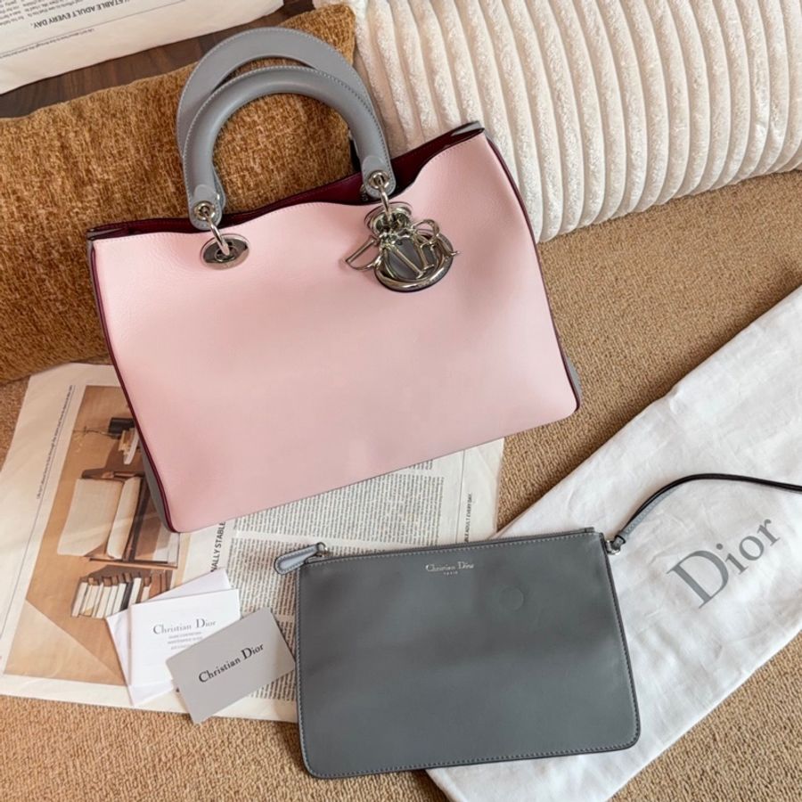 【近新閒置品】Dior 迪奧 櫻花粉錫器灰雙拼色牛皮VIP托特手提包-0