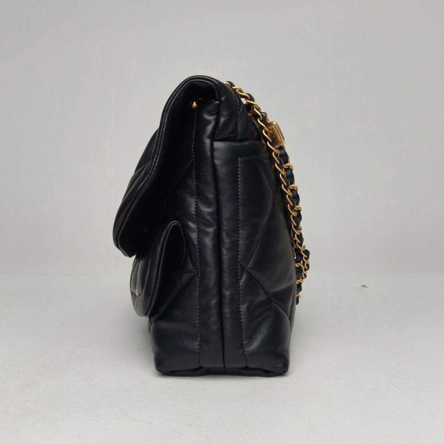 CHANEL 黑色羊皮晶片開金扣25kHOBO雙口袋口蓋包翻蓋鏈條包40肩背包-1