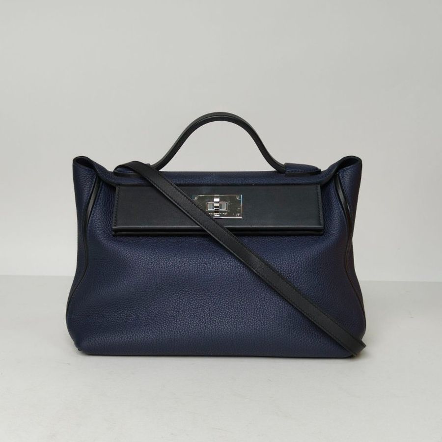 HERMES 24242989黑色拼2Z午夜藍Togo皮/Swift皮D刻銀扣肩背包-0