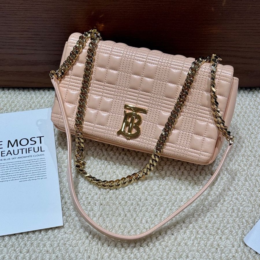 【近新閒置品】Burberry LOLA小號小羊皮蜜桃粉鏈條包肩背包斜跨包-0