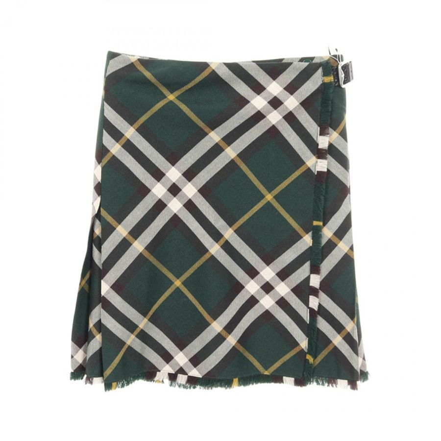 BURBERRY 褶襉格紋羊毛半身裙 綠色 二手 女款 #UK4-0
