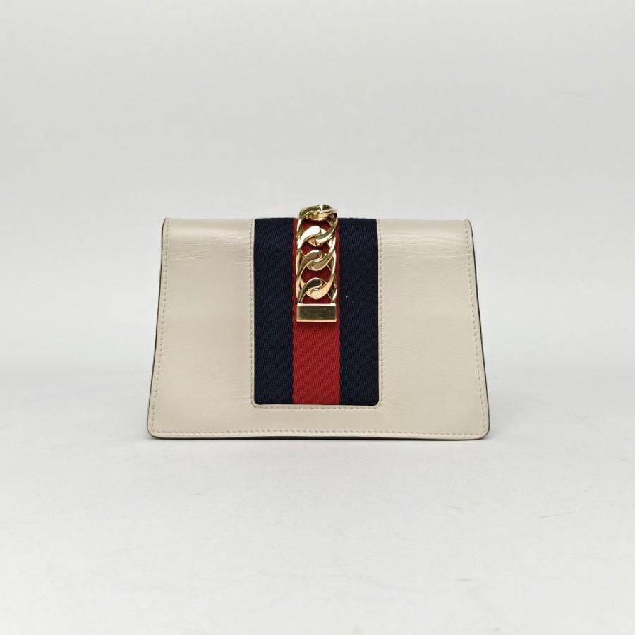 GUCCI Sylvie塞爾維亞絲帶包超Mini16.5白色牛皮金扣肩背包-2