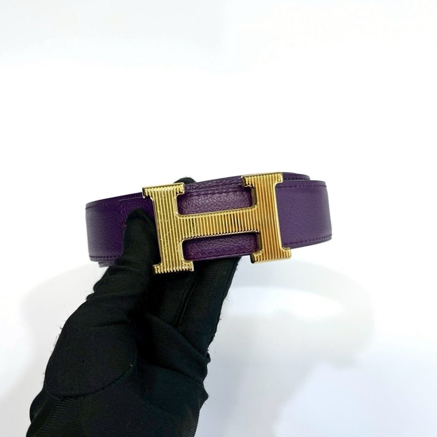HERMES 59葡萄紫Togo皮內拚Box皮H Strie金釦皮帶-1
