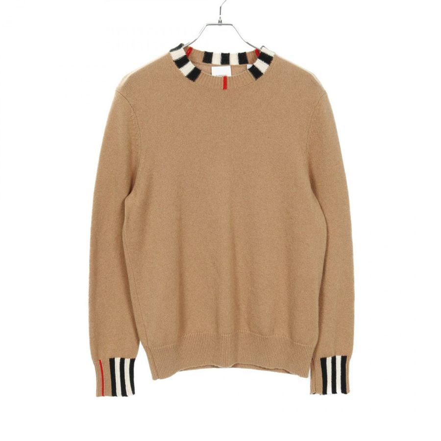 BURBERRY 經典條紋飾邊針織衫 8020391 羊絨棕色 二手 M 碼-0