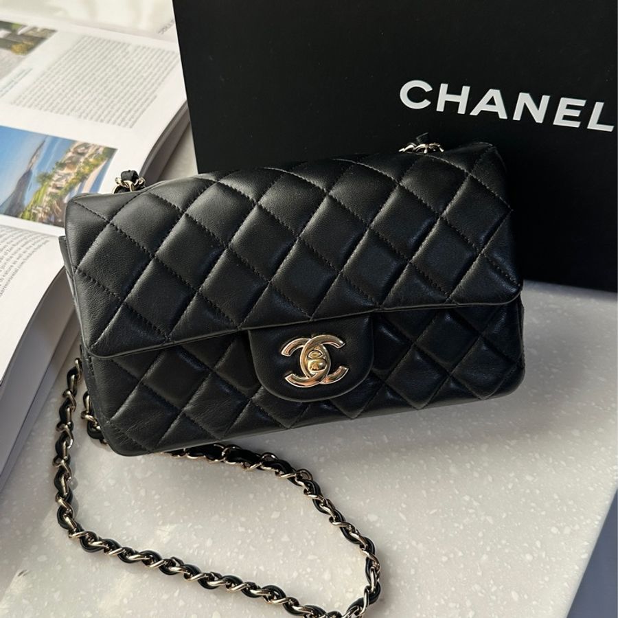 9新|Chanel mini cf 20 晶片款黑羊淡金釦🥐-10