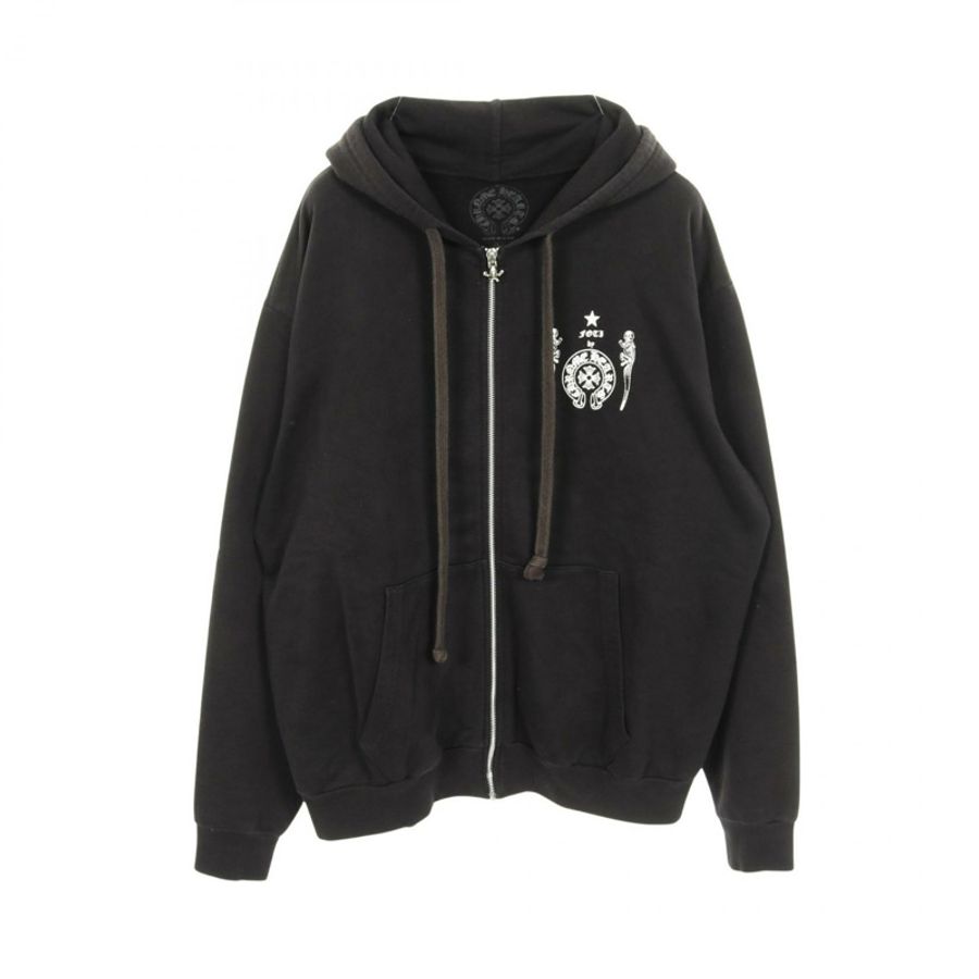 鉻心 (CHROME HEARTS) 拉鍊連帽衫，純棉材質，黑色，二手男款 L 碼-0