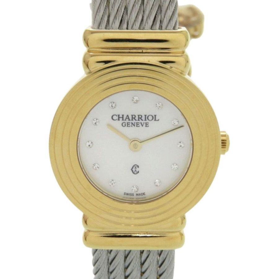 全新未使用夏利豪 (Charriol) 聖特羅佩 (Saint-Tropez) 12 件套鑲鑽不銹鋼腕錶，白色錶殼，金色錶盤，石英機芯，型號 0598 CHARRIOL-0