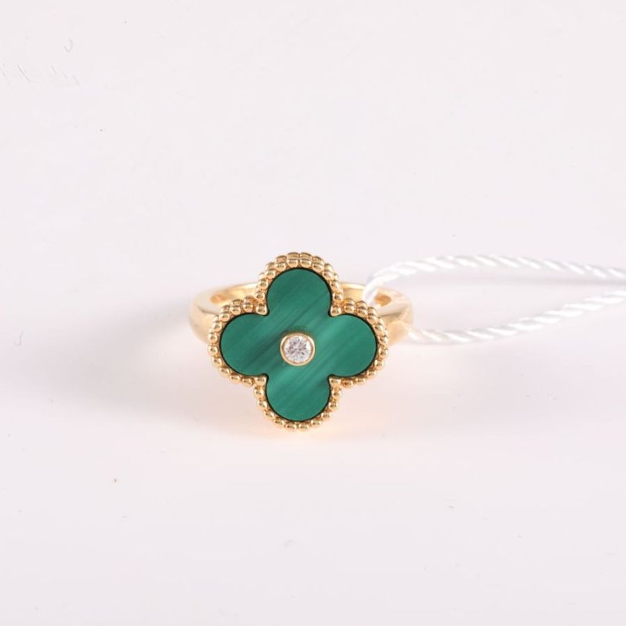 Van Cleef & Arpels VintageAlhambra中號單花戒指單鑽18K黃金/鑽石/孔雀石48黃金戒指-3