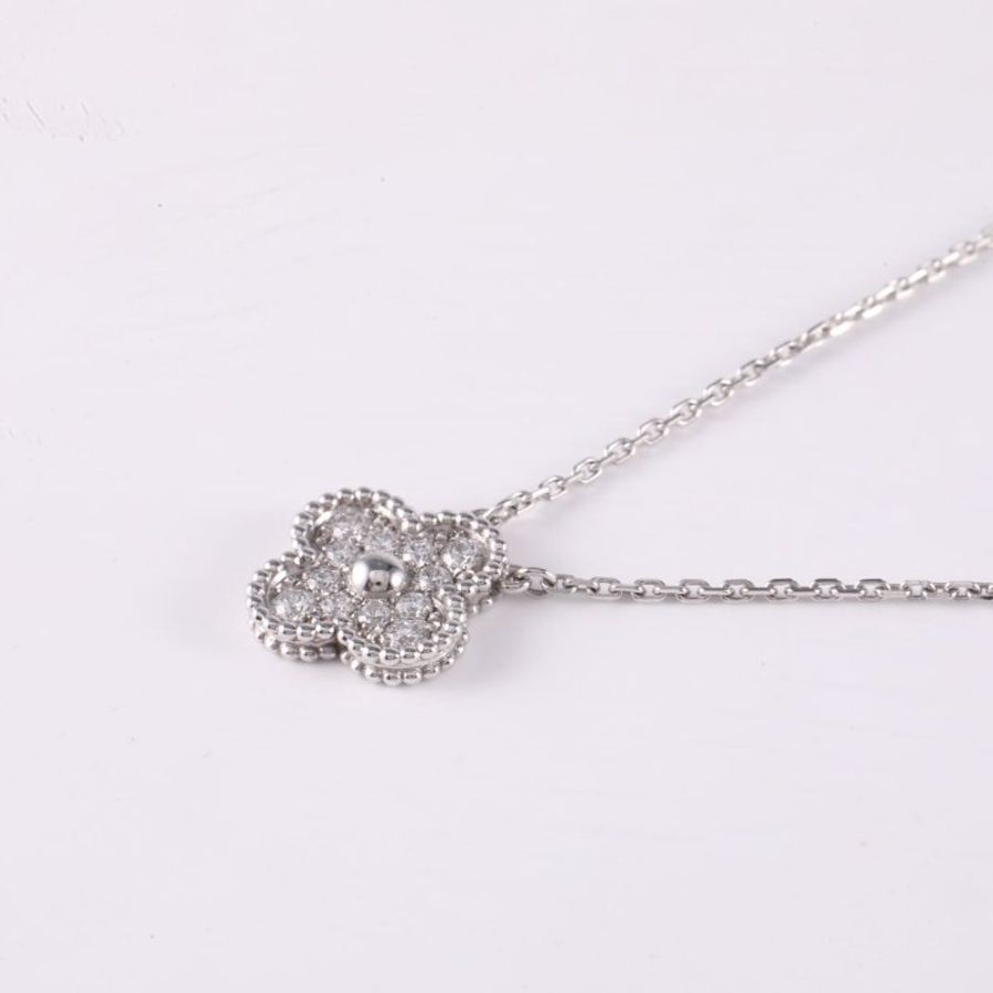 Van Cleef & Arpels VintageAlhambra中號單花項鏈滿鑽18K白金/鑽石項鏈白金鑽石/18K項鍊-1