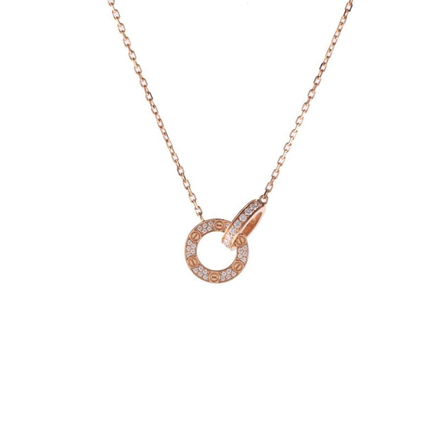 Cartier LOVE雙環滿鑽項鏈餅環組合18K玫瑰金/鑽石項鏈玫瑰金18K項鍊-0