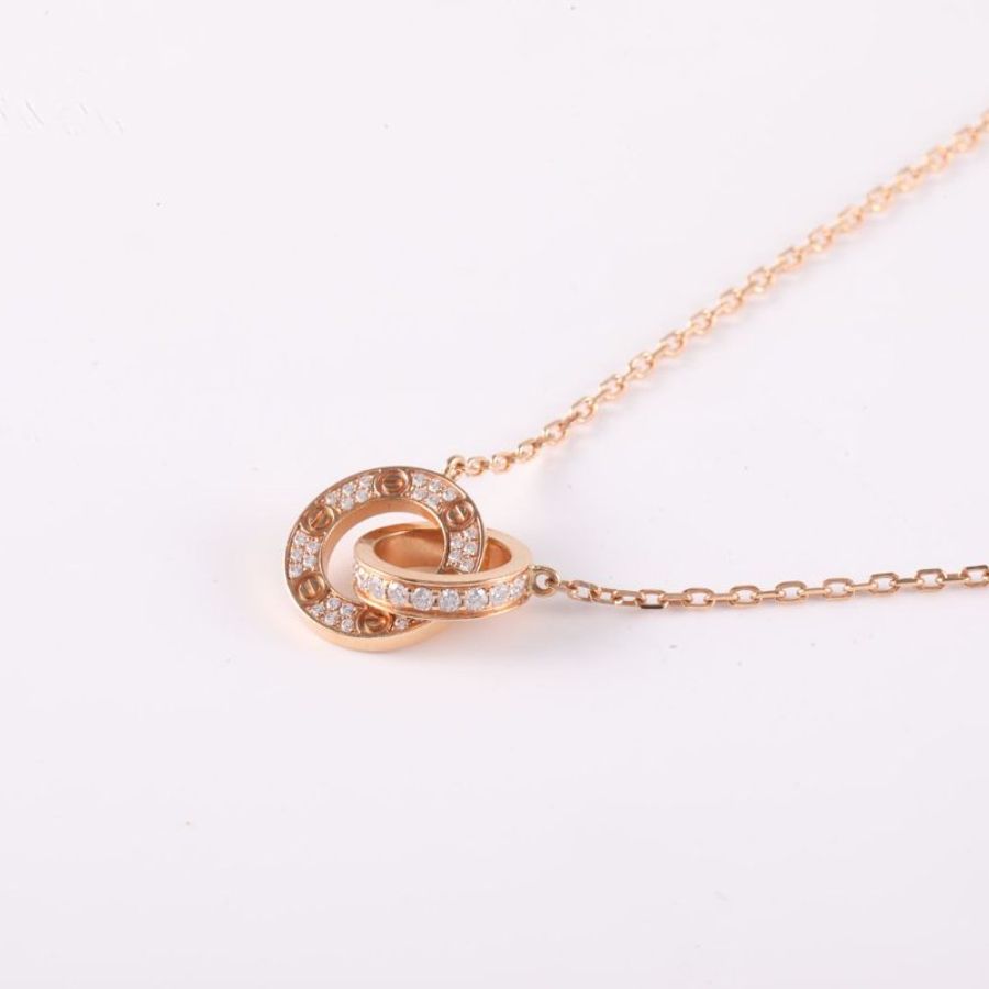 Cartier LOVE雙環滿鑽項鏈餅環組合18K玫瑰金/鑽石項鏈玫瑰金18K項鍊-1