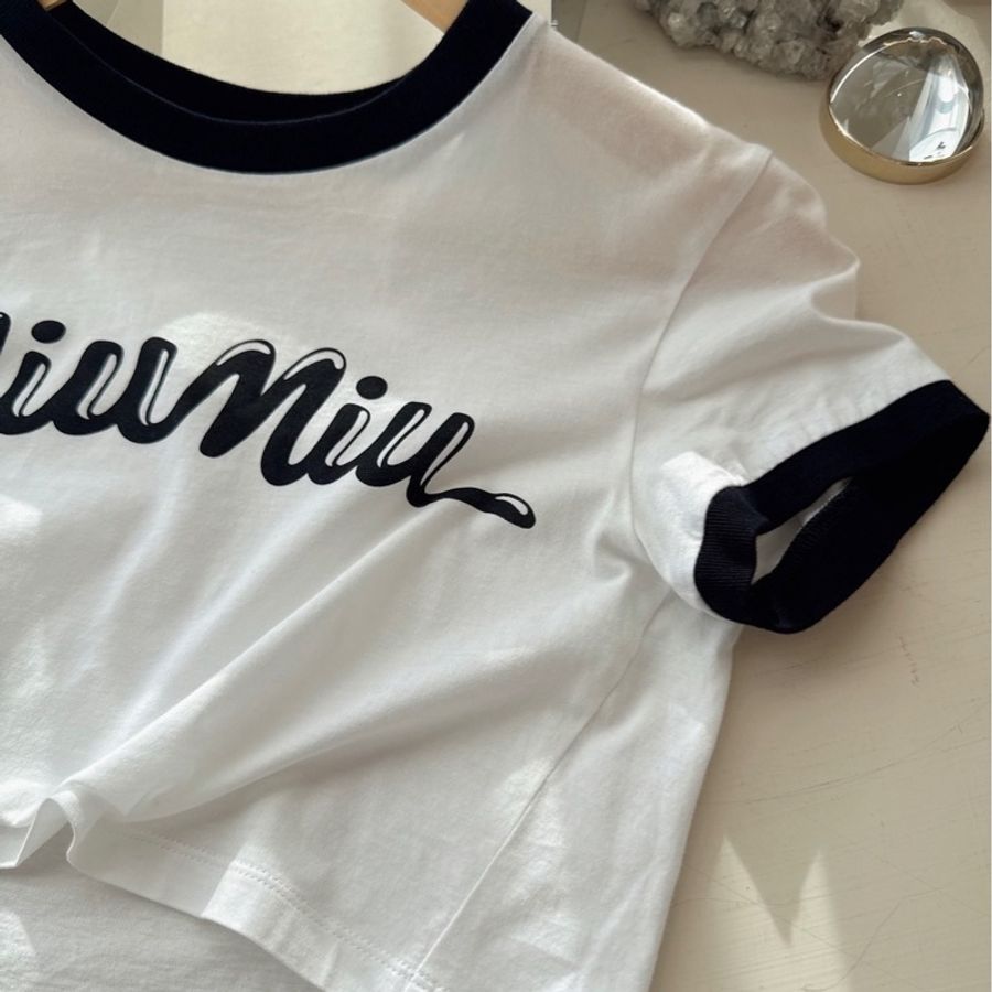Miu Miu 白底黑邊短版短袖上衣 size:S-1