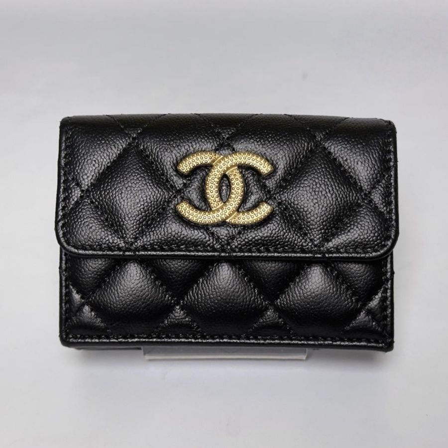 🌷Chanel 稀有金色大雙C魚子醬皮三折短夾錢包皮夾|經典花紋✦fufu style 精品✦ 氣質款|-2