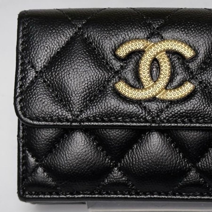 🌷Chanel 稀有金色大雙C魚子醬皮三折短夾錢包皮夾|經典花紋✦fufu style 精品✦ 氣質款|-5