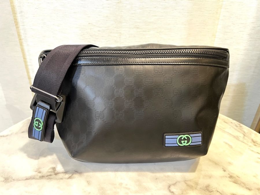 Gucci 黑啞光帆布一字拉Crystal腰包-0