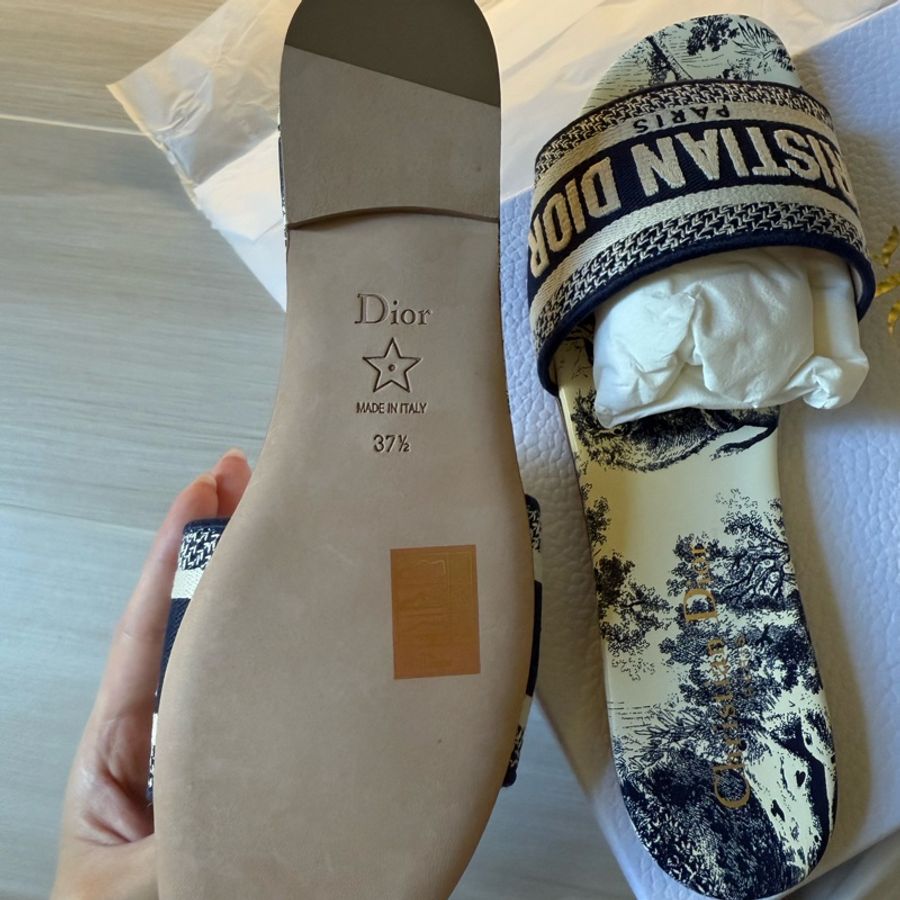 <全新>Dior 藍色刺繡棉 拖鞋  37.5碼-12