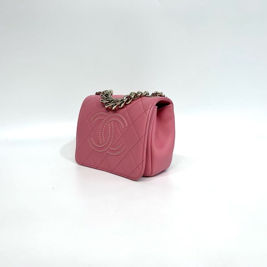 CHANEL粉色小羊皮鉚釘大雙C金鍊手提側背包AS1514-2