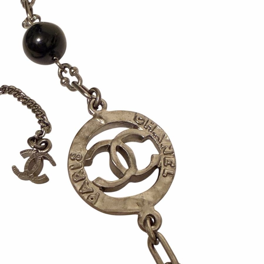 🍒CHANEL CC標誌由人造黑、白珍珠及黑色瑪瑙與水鑽方形金屬鏈條組成長鏈3F251108-1-8