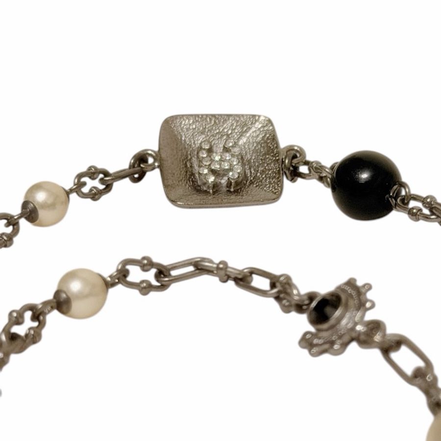 🍒CHANEL CC標誌由人造黑、白珍珠及黑色瑪瑙與水鑽方形金屬鏈條組成長鏈3F251108-1-9