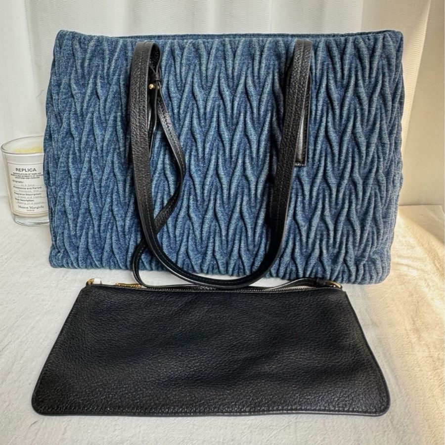 Miu Miu 牛仔褶皺子母托特單肩手提包 尺寸約33x24x15cm。-1