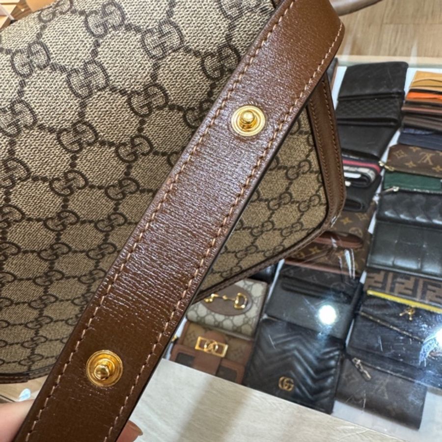 古馳1955 烏木色牛皮拚老花 GUCC馬銜扣1955肩側背包602204-24