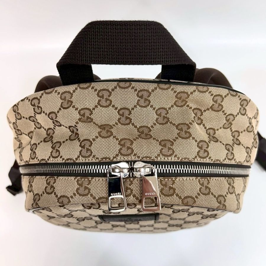 GUCCI緹花布拚黑色滾邊雙G銀釦後背包449906-7