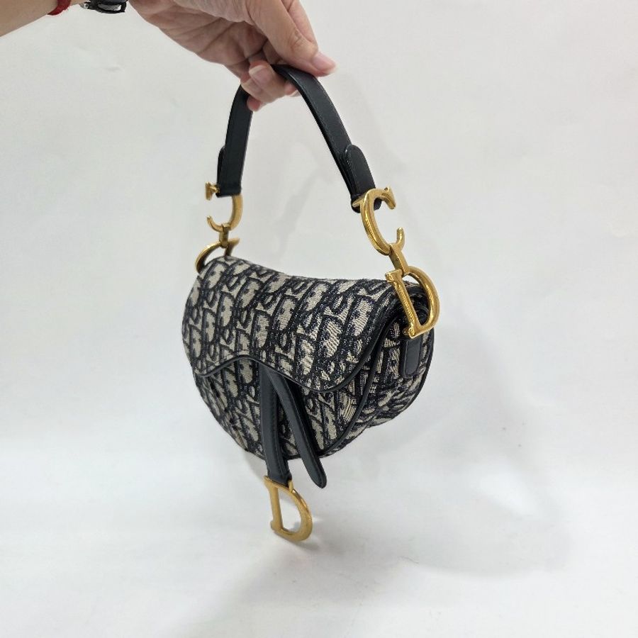 Dior 藍緹花布霧金釦Mini手提馬鞍包-5