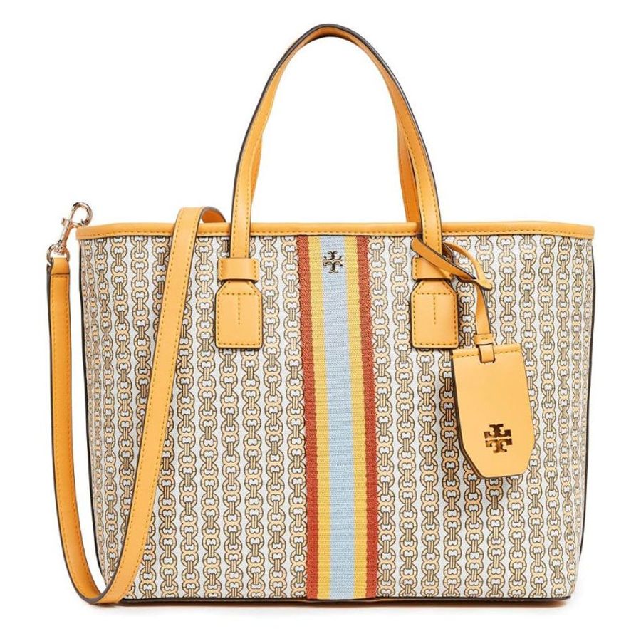 【TORY BURCH】雙T-LOGO拼接皮革托特包-黃色-4