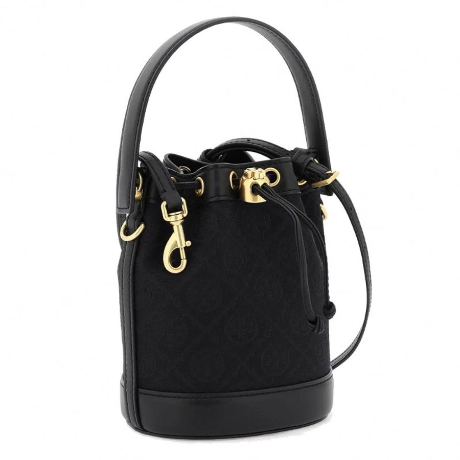 【TORY BURCH】緹花織布拼接皮革束口水桶包-黑色-1
