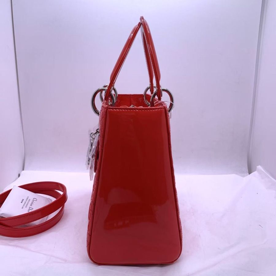 二手Dior 迪奧戴妃包 紅色漆皮 銀扣-4
