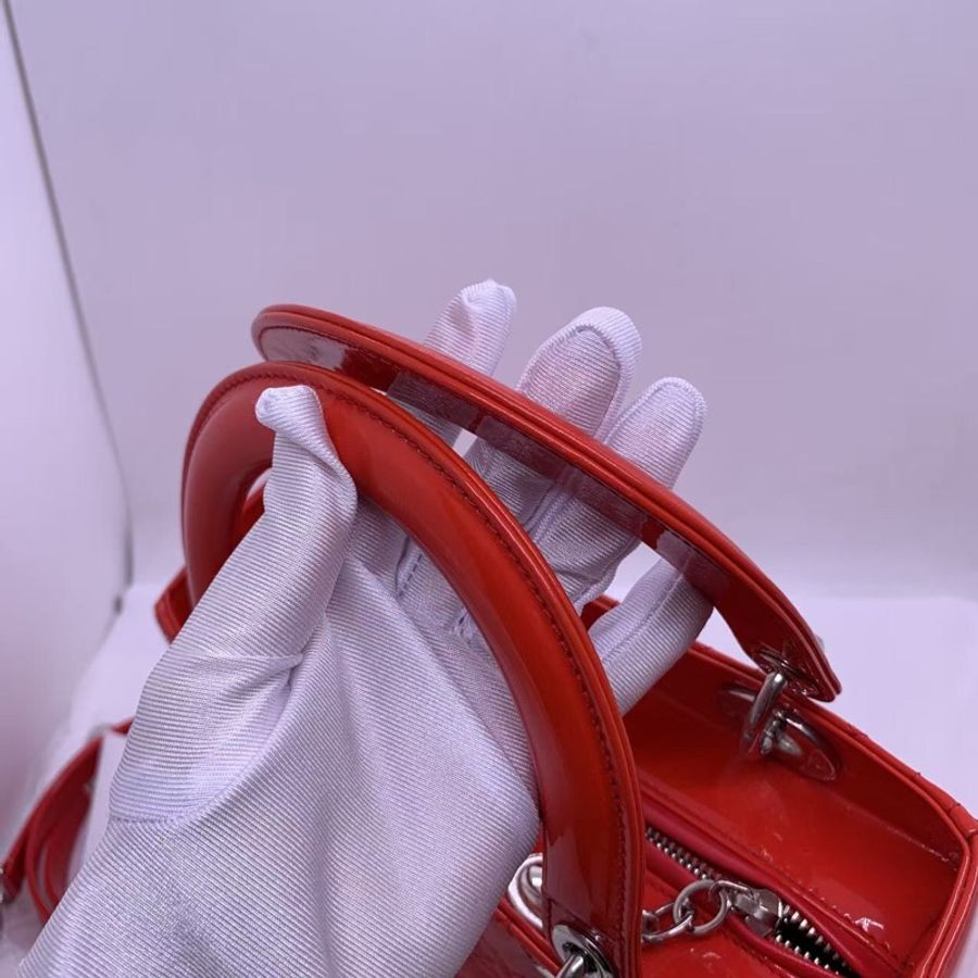 二手Dior 迪奧戴妃包 紅色漆皮 銀扣-9