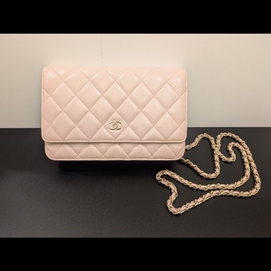 Chanel 稀有櫻花粉 小羊皮鏈條WOC 九成新-0