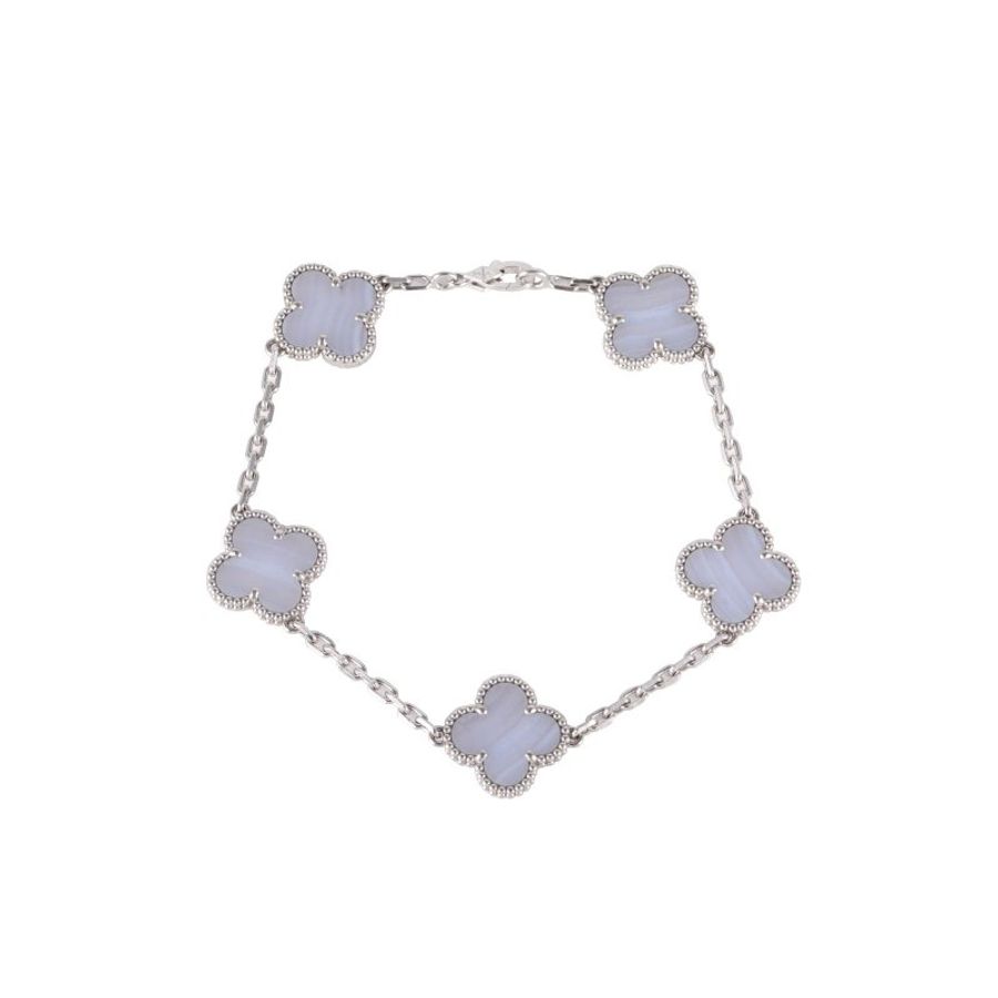 Van Cleef & Arpels VintageAlhambra中號五花手鏈新扣18K白金/紫玉髓S-M碼白金手鍊/手環-0