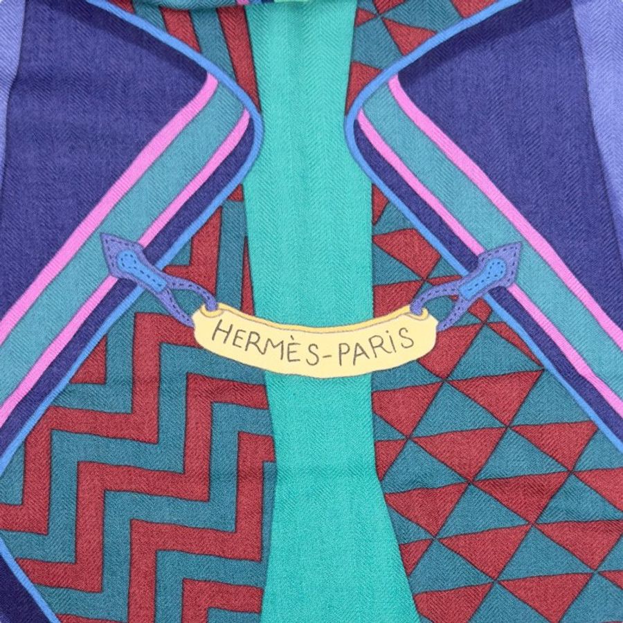 HERMES Bouquets Sellier shawl 140 鞍具花束 羊絨 圍巾-3