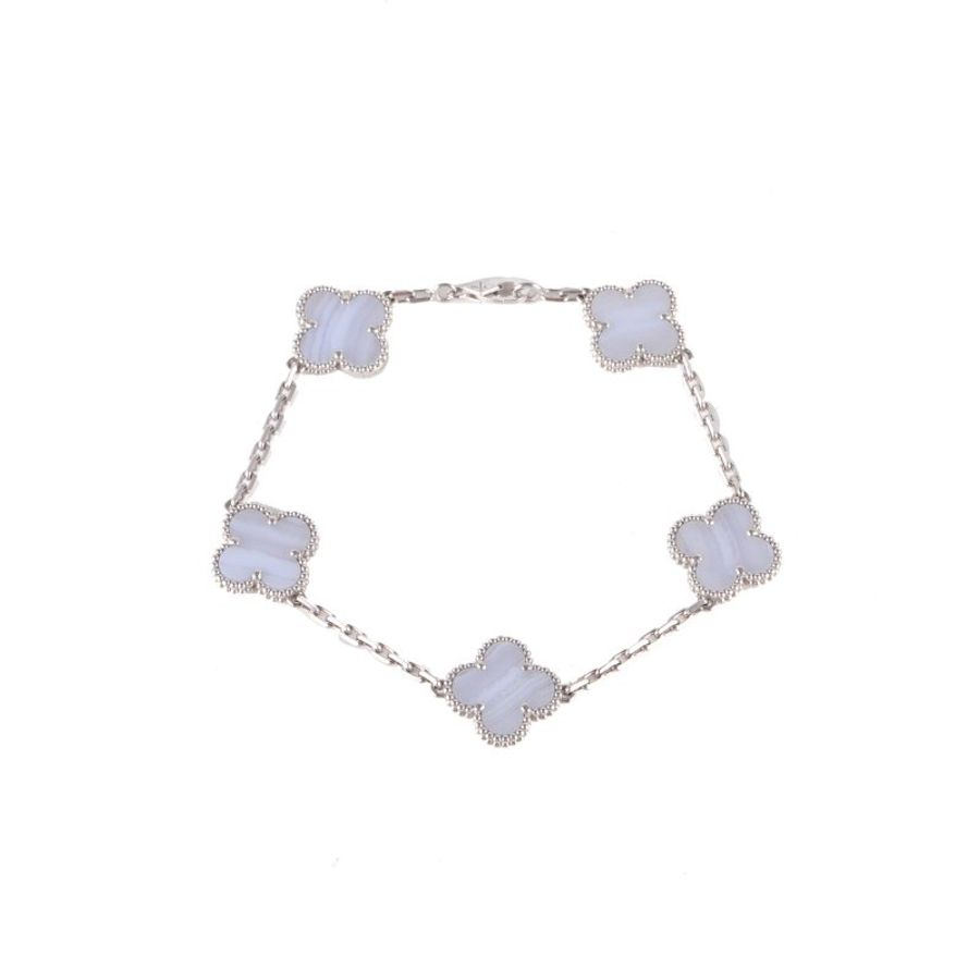 Van Cleef & Arpels VintageAlhambra中號五花手鏈新扣18K白金/紫玉髓S-M碼白金手鍊/手環-0