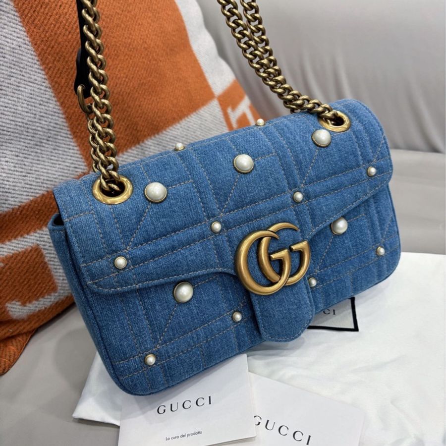 【近新閒置品】Gucci 牛仔珍珠Marmont26鏈條肩背包單肩包-0