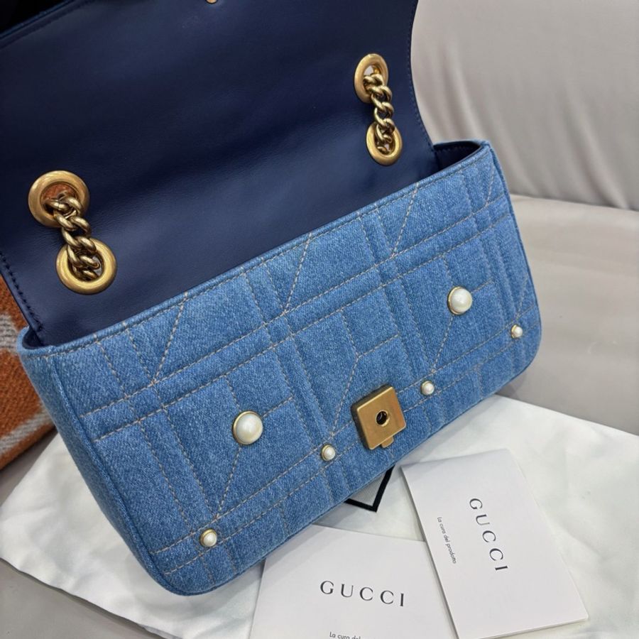 【近新閒置品】Gucci 牛仔珍珠Marmont26鏈條肩背包單肩包-7