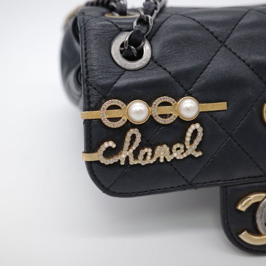 22C限量款 Chanel 香奈兒 CF18 CF Mini 珍珠墜飾 水鑽Logo 黑色羊皮 鏈帶包 口蓋包 斜跨包-17