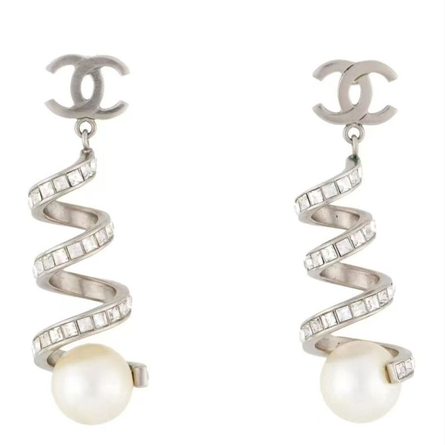 Chanel 中古銀色水鉆珍珠耳墜-3