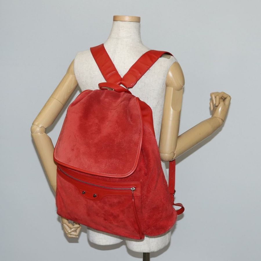 【日本直送】BALENCIAGA 紅銀色麂皮雙肩包 Auth bs29626-24