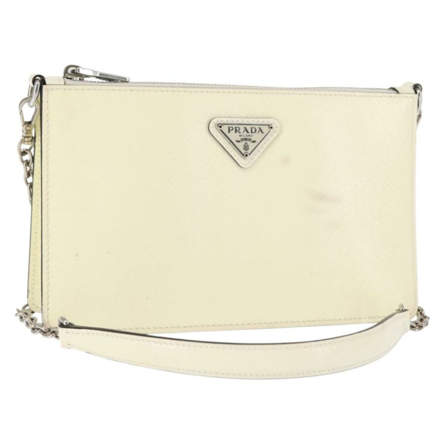 【日本直送】PRADA 鏈條單肩包 Safiano 皮革 白色 銀色 Auth bs29803-0