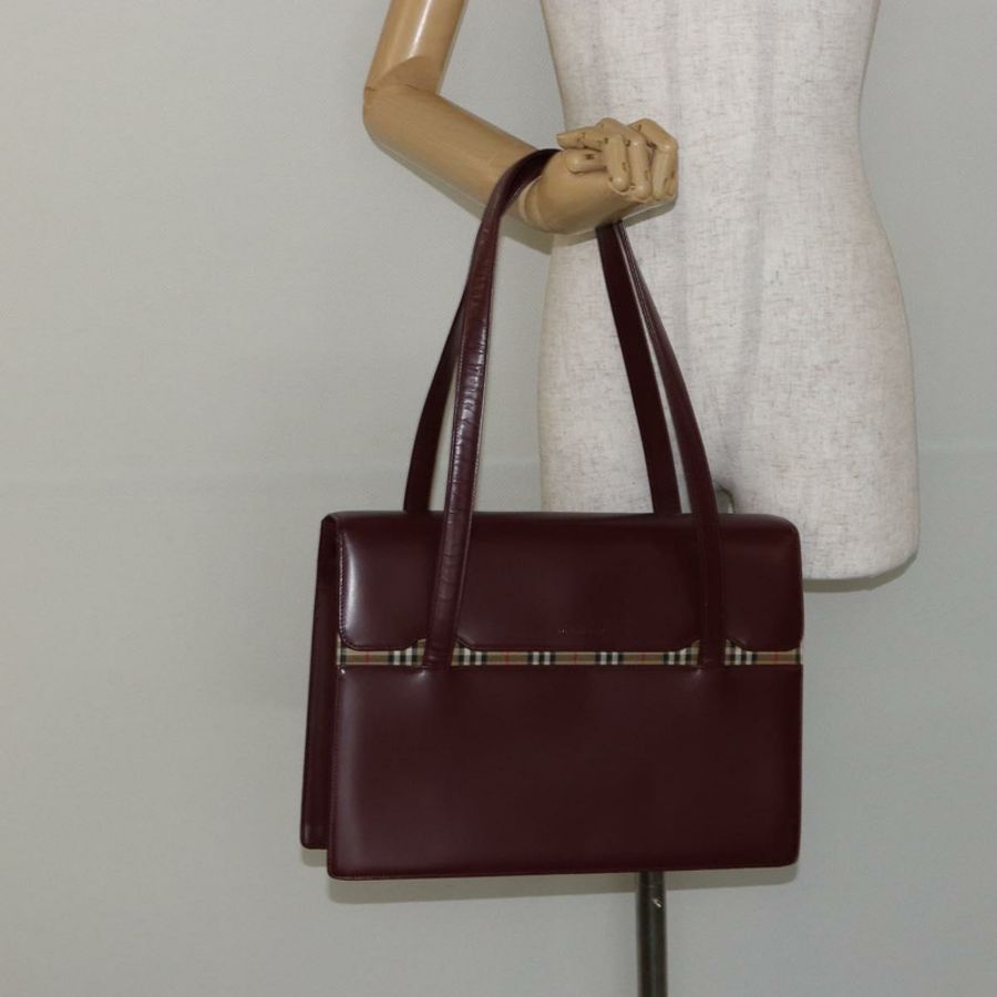 【日本直送】BURBERRY Nova 格紋手提包 帆布皮革 波爾多紅 米色 正品 ki6009-19