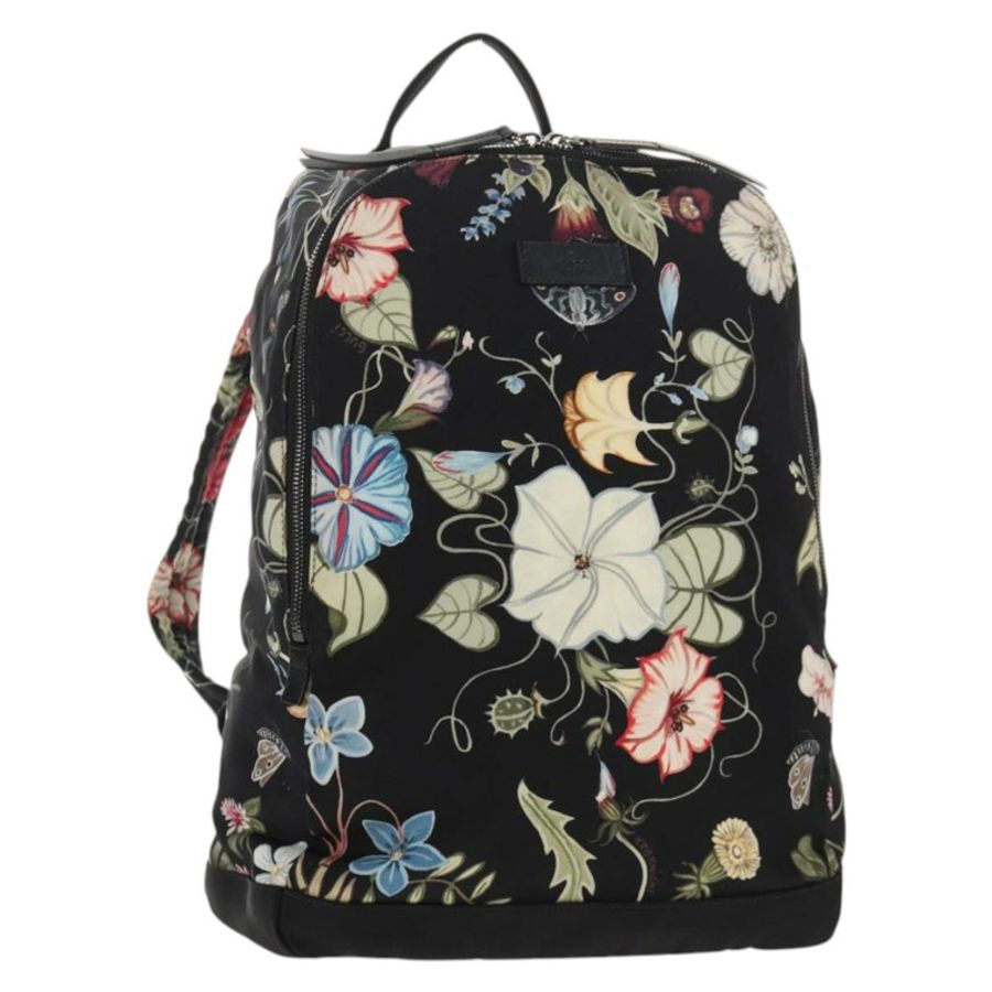 【日本直送】GUCCI 花卉圖案帆布雙肩包 黑色 銀色 353476 正品 bs29799-0