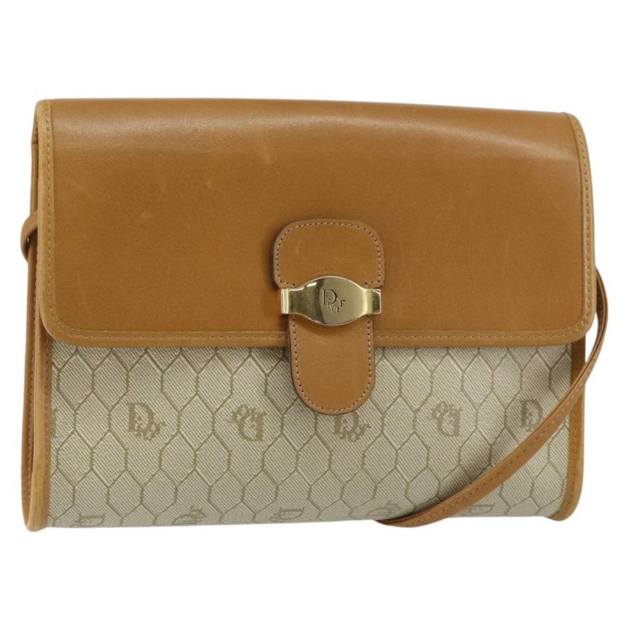 【日本直送】Christian Dior 蜂巢帆布肩背包 PVC 皮革 米色 金色 正品 BA7080-0