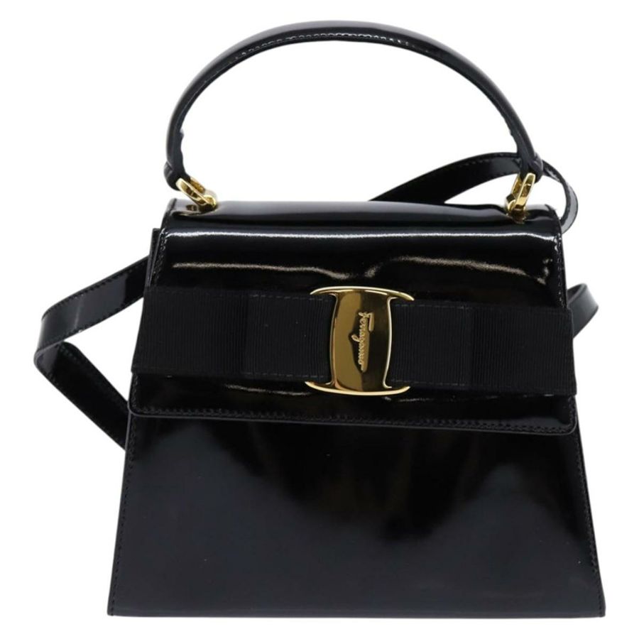 【日本直送】Salvatore Ferragamo Vala 琺瑯雙面手提包,黑色金色,正品編號 147507-12
