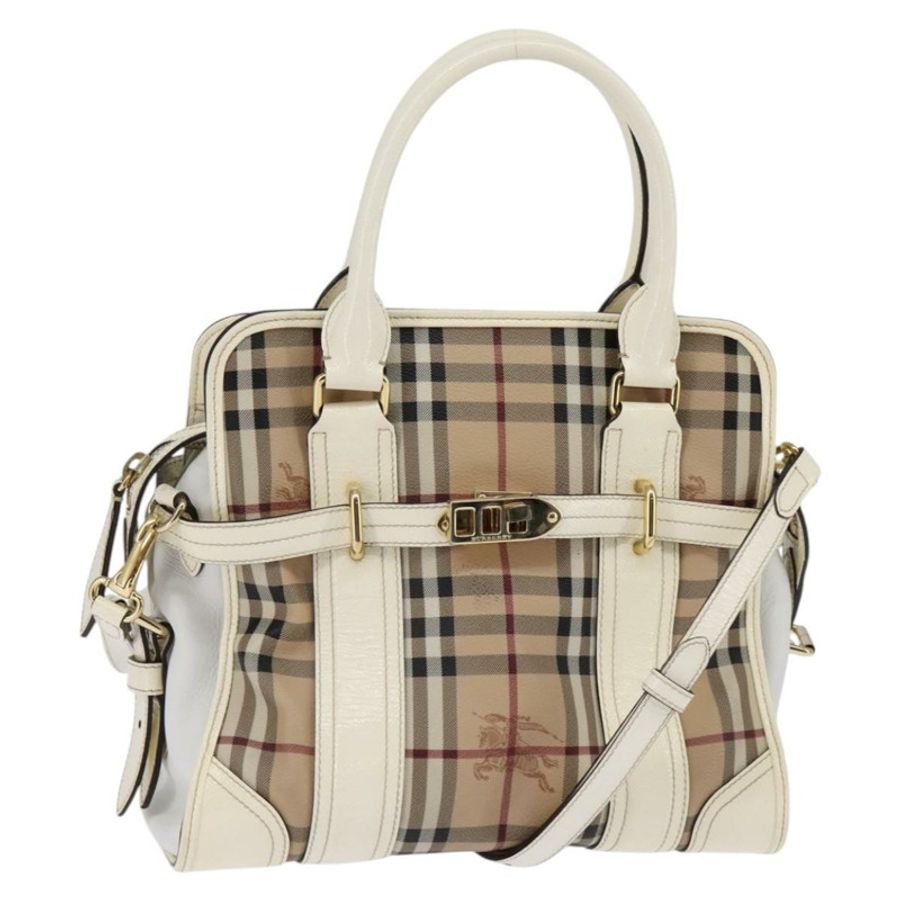 【日本直送】BURBERRY Nova 格紋手提包 PVC 皮革 兩用 米色 金色 正品 147477-0