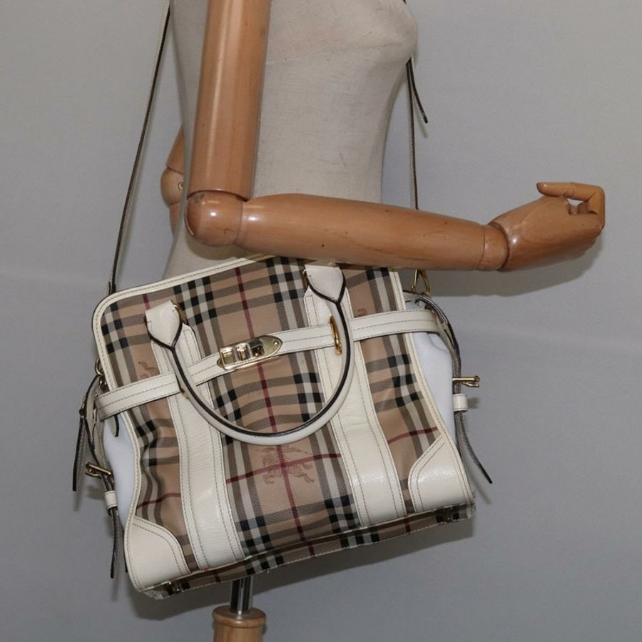 【日本直送】BURBERRY Nova 格紋手提包 PVC 皮革 兩用 米色 金色 正品 147477-23