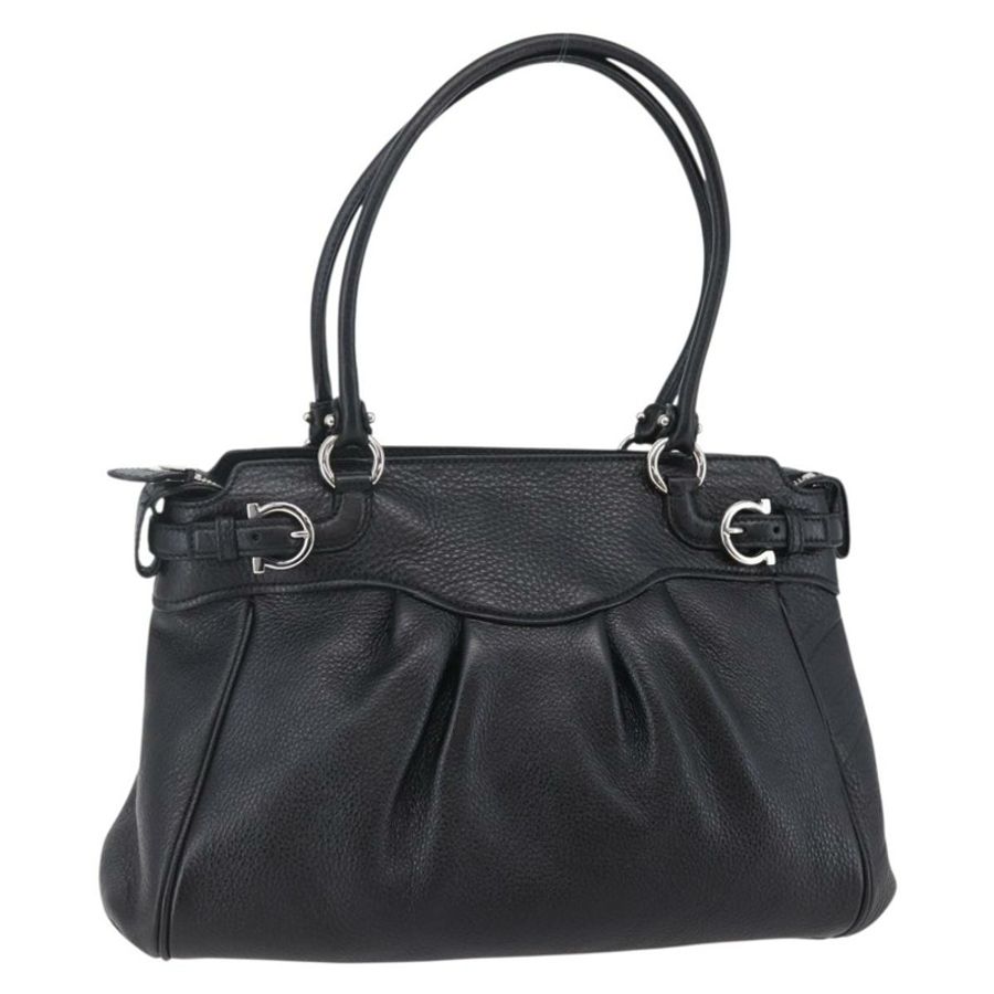 【日本直送】Salvatore Ferragamo Gancini 手袋 皮革 黑色 銀色 正品 147518-0
